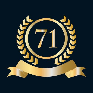 71 Yıl Yıldönümü Altın ve Siyah Şablon Kutlaması. Lüks Stil Altın Heraldik Crest Logosu Vintage Laurel Vector
