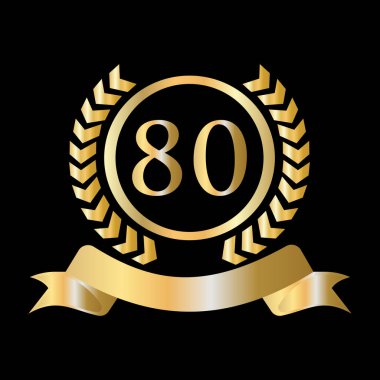 80. Yıldönümü Altın ve Siyah Şablon Kutlaması. Lüks Stil Altın Heraldik Crest Logosu Vintage Laurel Vector