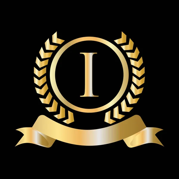 手紙Iの概念のシール 金の月桂樹の誓いそしてリボン 高級ゴールドの紋章ロゴ要素ヴィンテージローレルベクトル — ストックベクタ