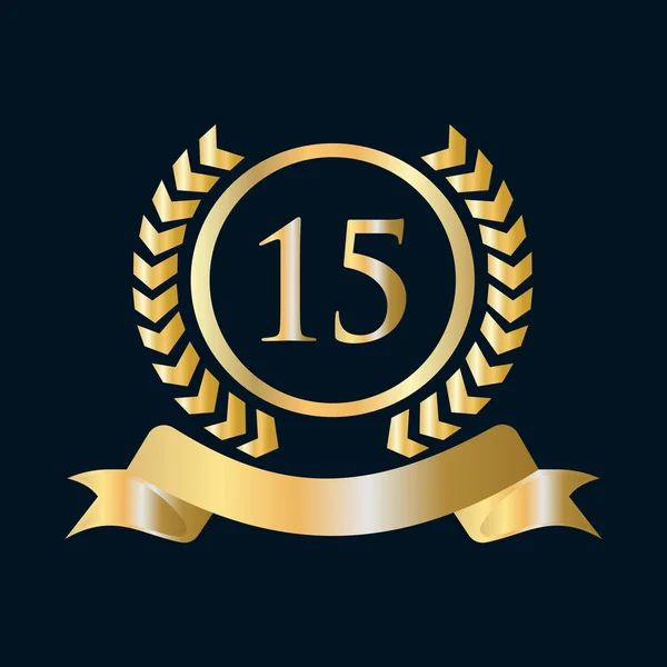 15周年記念ゴールドとブラックテンプレート 高級スタイルゴールド紋章ロゴ要素ヴィンテージローレルベクトル — ストックベクタ