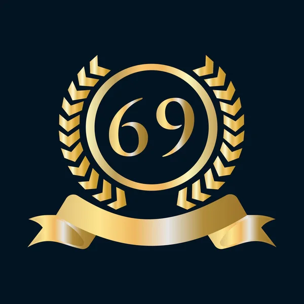 69周年記念ゴールドとブラックテンプレート 高級スタイルゴールド紋章ロゴ要素ヴィンテージローレルベクトル — ストックベクタ
