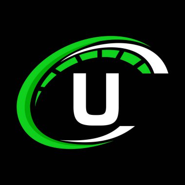 Spor araba logosu, harf U hız konseptinde. Araba Servisi için Otomotiv Şablonu, Hız göstergesi U Letter Logosu Tasarımı