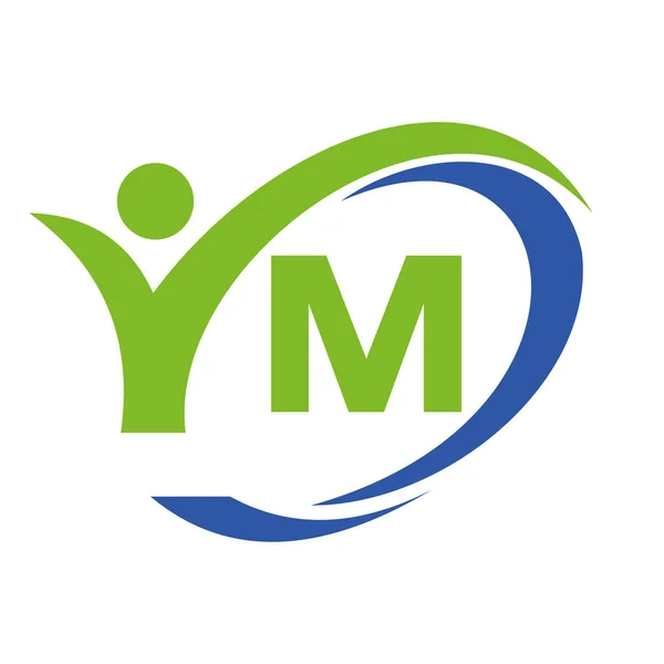 首字母M标志 带有人类符号的医学设计 人民健康与字母M健康标志 健康标志 — 图库矢量图片
