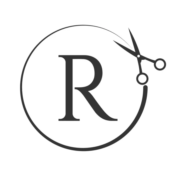 手紙Rサインのサロンとヘアカットロゴ ロゴタイプコンセプトのはさみアイコン — ストックベクタ