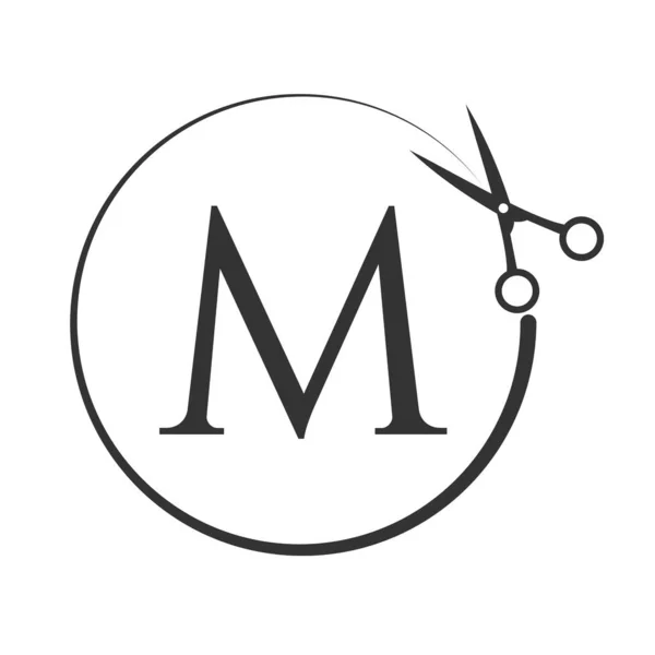 手紙Mサインのサロンとヘアカットロゴ ロゴタイプコンセプトのはさみアイコン — ストックベクタ