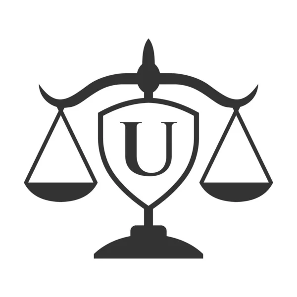具有盾状标志的字母U上的律师事务所标志设计 采购产品法律标志 律师和司法 法律检察官 律师服务 法律办公室 刻度标志模板 — 图库矢量图片