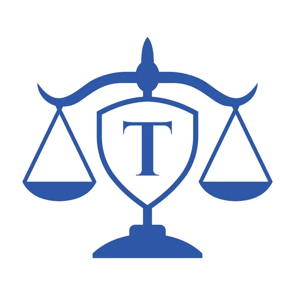 具有盾徽的字母T上的律师事务所标志设计 采购产品法律标志 律师和司法 法律检察官 律师服务 法律办公室 刻度标志模板 — 图库矢量图片