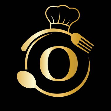 O Konsepti Restoran Logosu. Şef Şapka, Kaşık ve Restoran Logosu için Çatal ve Çatal içeren O harfi.