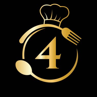 Mektup 4 'teki Restoran Logosu. Şef Şapka, Kaşık ve Restoran Logosu için Çatal ve Çatal içeren 4. harf.
