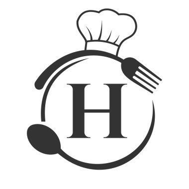 H harfi üzerinde restoran logosu. H harfi logosu, Şef Şapka, Kaşık ve Restoran Logosu İçin Çatal