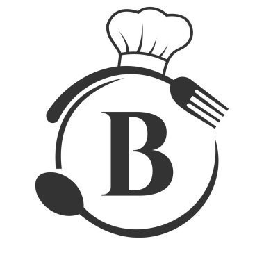 B harfi üzerinde restoran logosu. B harfi logosu, Şef Şapka, Kaşık ve Logo Çatalı.