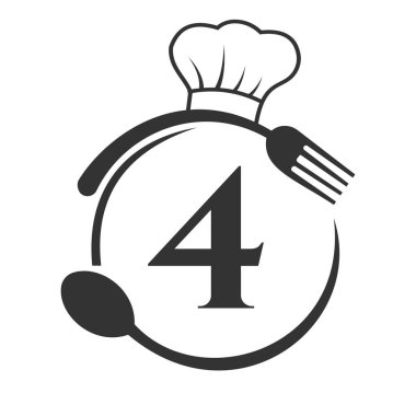 Mektup 4 'teki Restoran Logosu. Şef Şapka, Kaşık ve Restoran Logosu için Çatal ve Çatal içeren 4. harf.