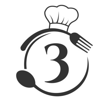 Logo Restoranı 3. Mektup Konsepti. Şef Şapka, Kaşık ve Restoran Logosu için Çatal ve Çatal içeren 3. Mektup