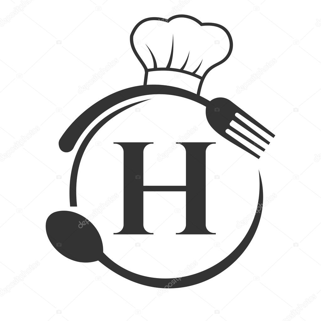 Restaurant Logo on Letter H Concept. Letter H Logo with Chef Hat, Spoon And Fork For Restaurant Logo