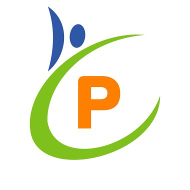 P harfinin üzerinde insan sağlığı logosu var. P harfinin sağlık logosu. Biyo İşareti Tıbbi Logo Şablonu Vektörü