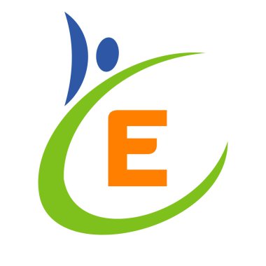 E harfi üzerinde insan sağlığı logosu E harfi sağlık logosu. Biyo İşareti Tıbbi Logo Şablonu Vektörü