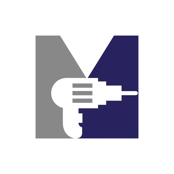 Letter Manufacturing Construction Logo Design Concept Drill Machine Symbol Vector — Vetor de Stock