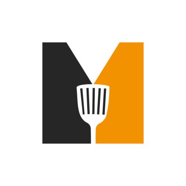 Letter M Kitchen Spatula Logo. Kitchen Logo Design Combined With Kitchen Spatula For Restaurant Symbol