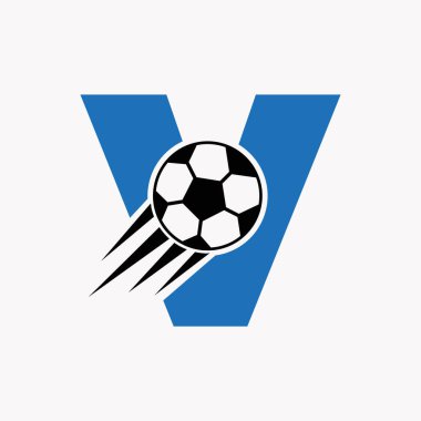 Hareket eden futbol ikonu ile V harfli futbol logosu. Futbol Logosu Sembol Vektör Şablonu