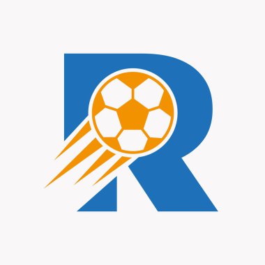 R harfi futbol logosu ve hareket eden futbol simgesi. Futbol Logosu Sembol Vektör Şablonu