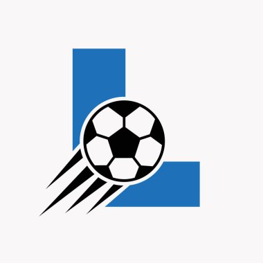 Hareket eden futbol ikonu ile L harfi futbol logosu kavramı. Futbol Logosu Sembol Vektör Şablonu