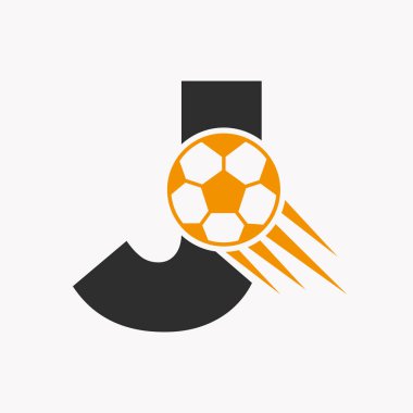 Hareket eden futbol ikonu ile ilk harf J futbol logosu kavramı. Futbol Logosu Sembol Vektör Şablonu
