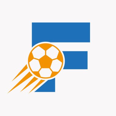 Hareket eden futbol ikonu ile F harfi futbol logosu kavramı. Futbol Logosu Sembol Vektör Şablonu
