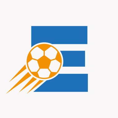 Hareket eden futbol ikonu ile E harfi futbol logosu kavramı. Futbol Logosu Sembol Vektör Şablonu