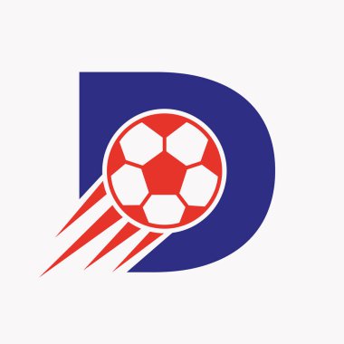 Hareket eden futbol ikonu ile D harfli futbol logosu. Futbol Logosu Sembol Vektör Şablonu