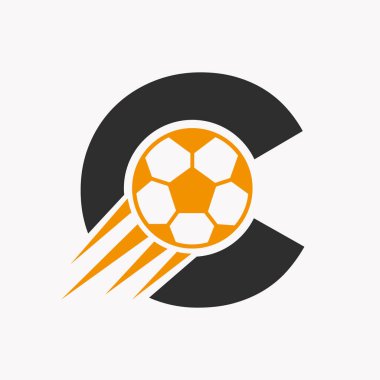 Hareket eden futbol ikonu ile C harfli futbol logosu. Futbol Logosu Sembol Vektör Şablonu