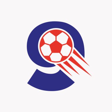 Hareket eden futbol ikonu ile ilk harf 9 futbol logosu kavramı. Futbol Logosu Sembol Vektör Şablonu