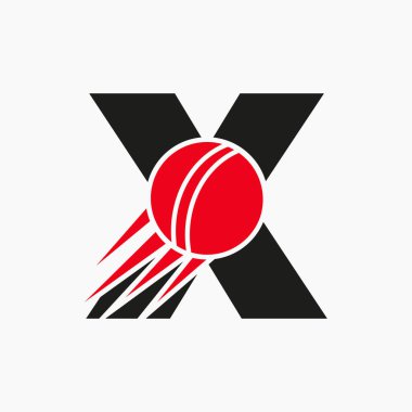 Hareketli Kriket Topu Simgesiyle X Kriket Logosu. Cricket Sports Logotype Sembol Vektör Şablonu