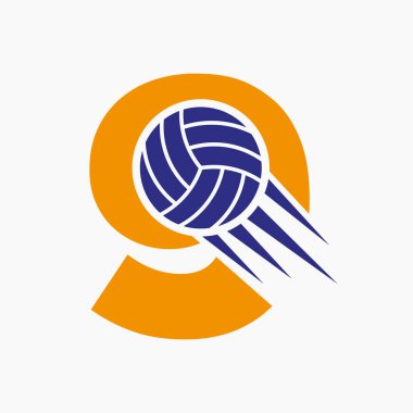 Hareket eden voleybol topu ikonlu ilk Harf 9 Voleybol Logosu Kavramı. Voleybol Spor Logotype Sembol Vektör Şablonu