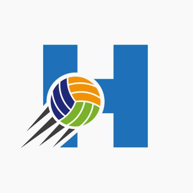 H harfi voleybol logosu ve hareket eden voleybol topu ikonu. Voleybol Spor Logotype Sembol Vektör Şablonu