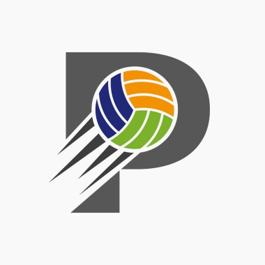 Hareket eden voleybol topu ikonlu P voleybol logosu kavramı. Voleybol Spor Logotype Sembol Vektör Şablonu