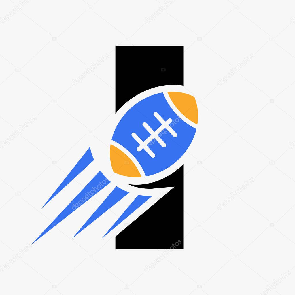 Letter I Rugby Logo Concept With Moving Rugby Ball Icon. Rugby Sports Logotype Symbol Vector Template