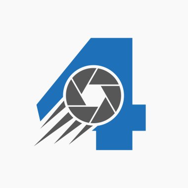 Harf 4 Fotoğraf Makinesi Lens Kavramı. Fotoğraf Kamerası Sembol Vektör Şablonu