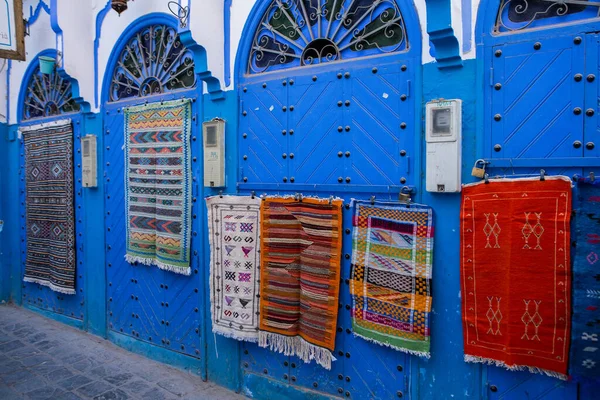 Blaue Straße Und Häuser Chefchaouen Marokko Schöne Farbige Mittelalterliche Straße — Stockfoto