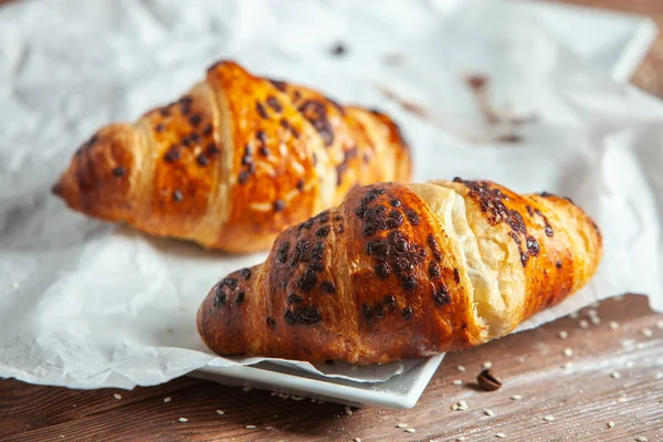 Fresh Baked Croissants Wood Background — Stock Photo, Image