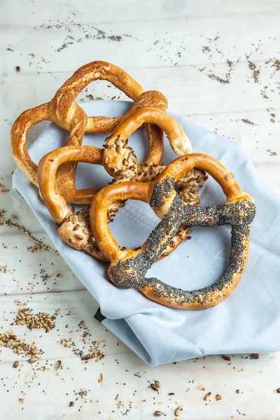 Fresh Prepared Homemade Soft Pretzels Different Types Baked Bagels Seeds — Stock Photo, Image