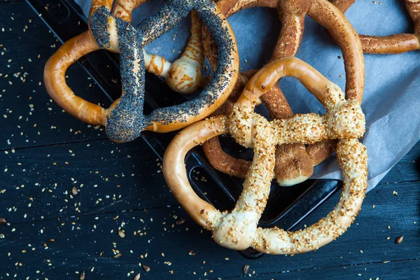 Fresh Prepared Homemade Soft Pretzels Different Types Baked Bagels Seeds — Stock Photo, Image