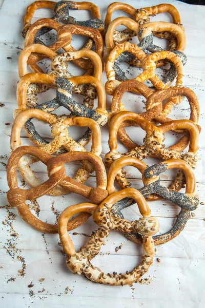 Fresh Prepared Homemade Soft Pretzels Different Types Baked Bagels Seeds — Stock Photo, Image