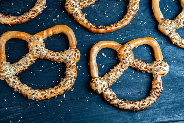 Fresh Prepared Homemade Soft Pretzels Different Types Baked Bagels Seeds — Stock Photo, Image