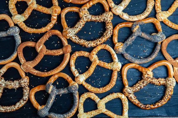 Fresh Prepared Homemade Soft Pretzels Different Types Baked Bagels Seeds — Stock Photo, Image