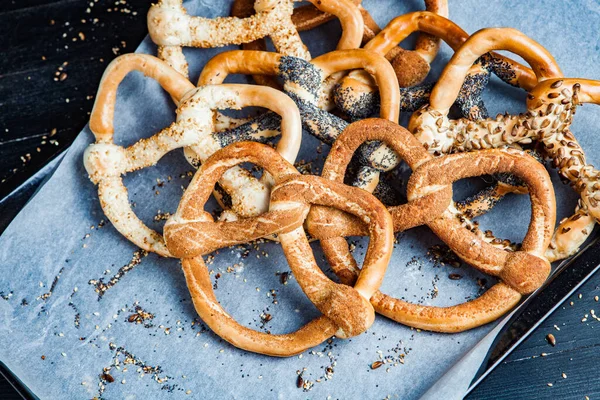 Fresh Prepared Homemade Soft Pretzels Different Types Baked Bagels Seeds — Stock Photo, Image