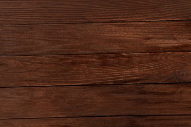 Düğümlü ve tırnak delikli klasik kahverengi ahşap arka plan dokusu. Eski boyalı ahşap duvar. Kahverengi soyut arka plan. Klasik, koyu renk, yatay tahtalar. Kopyalama alanı ile ön görünüm.