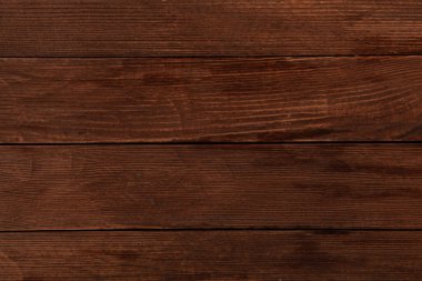 Düğümlü ve tırnak delikli klasik kahverengi ahşap arka plan dokusu. Eski boyalı ahşap duvar. Kahverengi soyut arka plan. Klasik, koyu renk, yatay tahtalar. Kopyalama alanı ile ön görünüm.