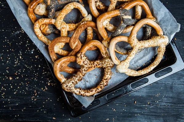 Fresh Prepared Homemade Soft Pretzels Different Types Baked Bagels Seeds — Stock Photo, Image