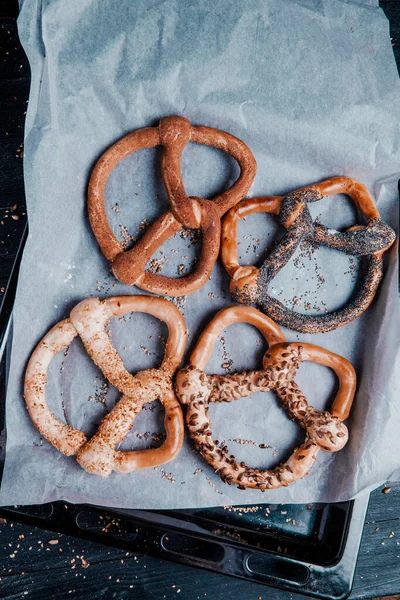 Fresh Prepared Homemade Soft Pretzels Different Types Baked Bagels Seeds — Stock Photo, Image