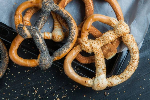 Fresh Prepared Homemade Soft Pretzels Different Types Baked Bagels Seeds — Stock Photo, Image